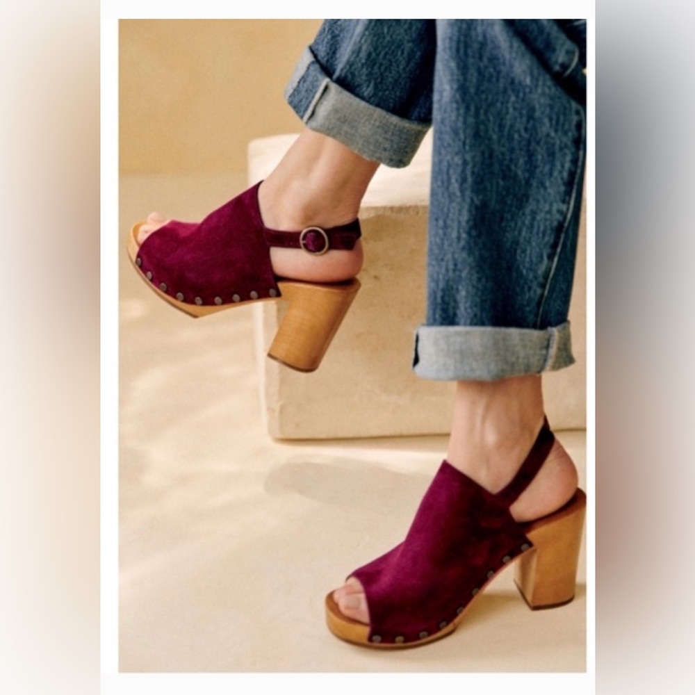 Sézane Dakota High Clogs, New in Burgundy Suede Open-Toe with Wooden Block Heel - Picture 2 of 11